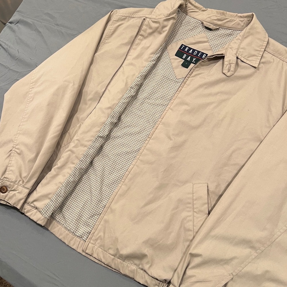 Trader Bay Mens Harrington Jacket Tan Khaki Full Zip Windbreaker Large Vintage